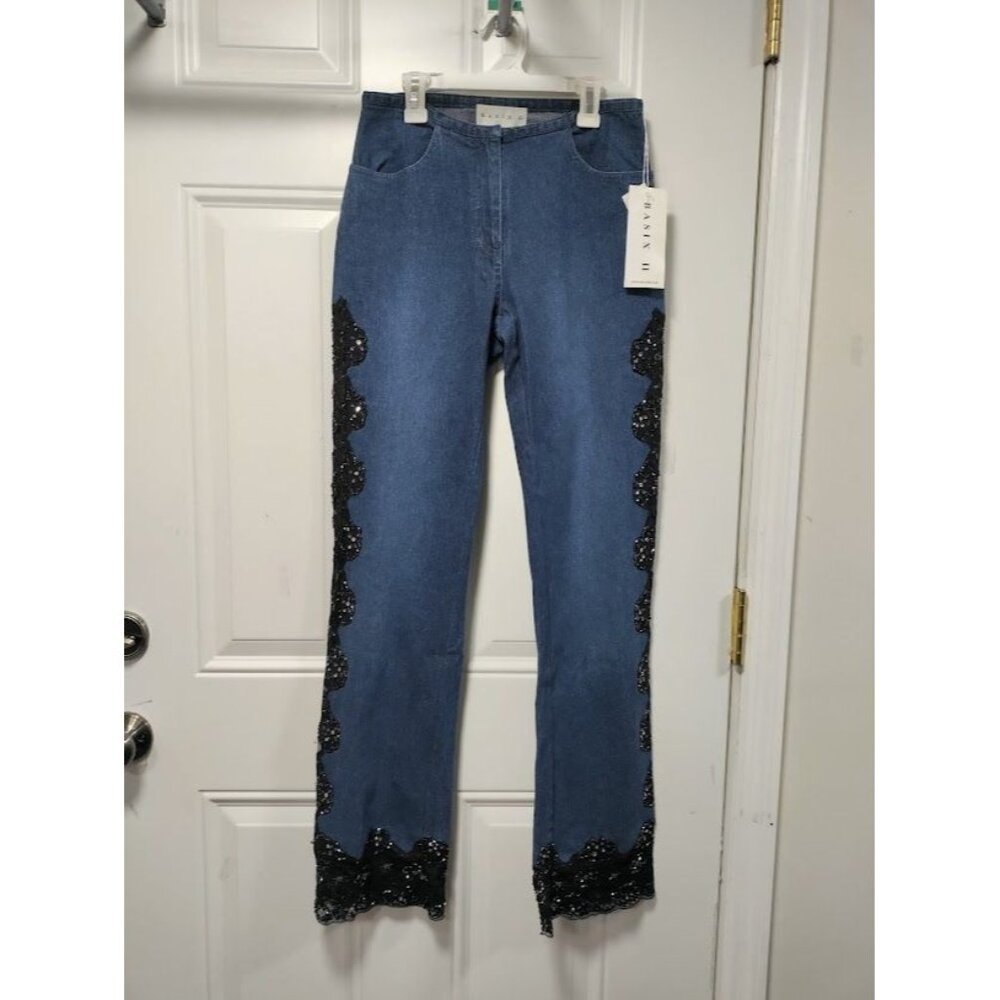 NWT Basix II Embroidered Sheer Side Mid Rise Denim Straight Jeans Blue Womens 4 - Picture 5 of 16